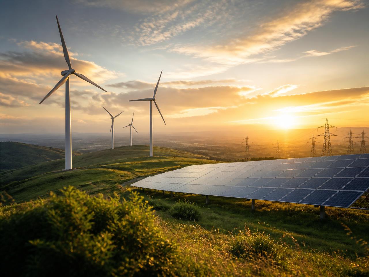 Wind turbines and solar panels at golden hour — Derit's energy portfolio